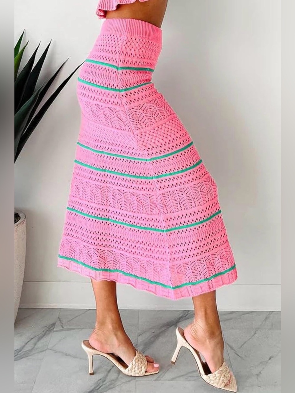 Nufiwi Pink Crochet Two-Piece Skirt Set with Green Trim - Picture 4 of 7